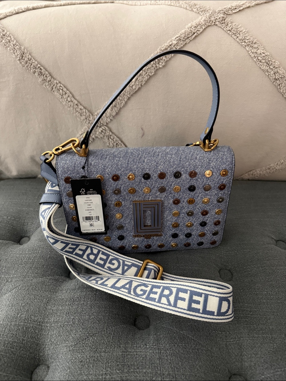 KARL LAGERFELD Light Blue Studded Shoulder Bag with Branded Strap